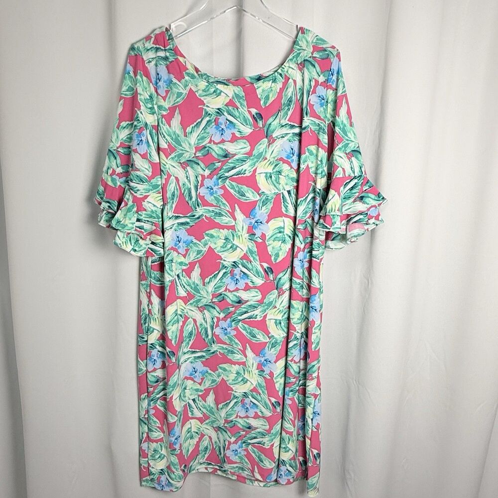 Pappagallo Victoria Ruffle Flutter Sleeve Island Print Shift Dress Sz 2X